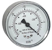 [9851852] Wika 611.10 Series Dry Capsule Pressure Gauge, 2.5" Dial, -30 to 0 in.WC (mm.WC), 1/4 NPT Brass Center Back Mount