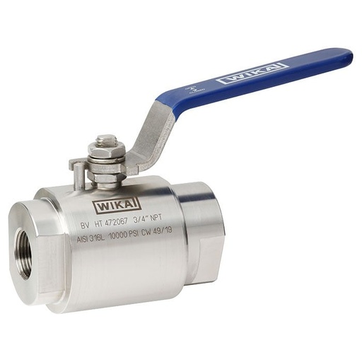 [81640416] Wika BV Series Ball Valve, 316/316L SS, 1/2" NPTF to 1/2" NPTF, 10000 psi, 0.39 in. (10 mm) Bore