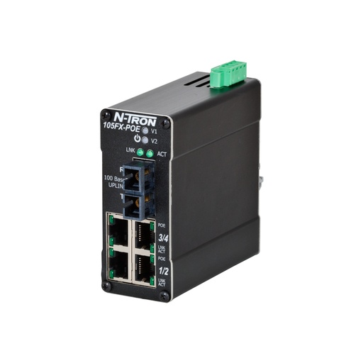 [105FX-SC-POE-MDR] 100 PoE Series, 5-Port, N-Tron 105FX Unmanaged Industrial MDR POE Switch, SC 2km