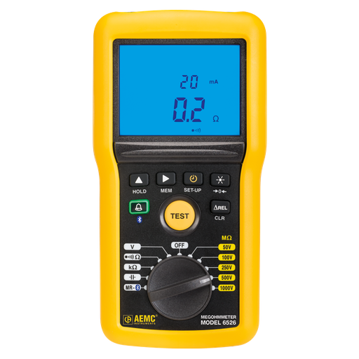 [2155.53] AEMC Megohmmeter Model 6526 (Digital w/Analog Bargraph, Alarm, 50V, 100V, 250V, 500V, 1000V, Ohm, Continuity, V, kΩ,Capacitance, Memory, Bluetooth w/DataView® Software) Replacement for Cat #2155.52