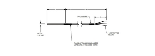 [RBF185L383-003-00-13-T3024-2] Pyromation RTD Assembly, Single 3-Wire, 3/16" OD x 3" Sheath, 24" FPM Leads (2" Split, 1/4" Stripped) w/Heat Shrink