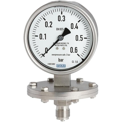 [52824794] Wika 433.50 Series 4" SS Diaphram Pressure Gauge, 0 to 200 psi, 1/2 NPTF, LM, Glycerin/Water Filled