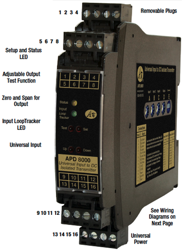 [APD8000] APD 8000 Series Universal Input to DC Isolated Transmitter, Field Configurable, DIN Rail Mount