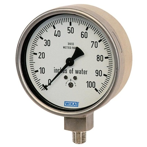 [52797593] 632.50 Series Stainless Steel Dry Capsule Pressure Gauge, -15 to 15 inWC, 1/4" NPT Lower Mount, Clean for Oxygen Service, ASME B40.1, Level IV