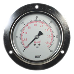 [50346857] Wika 213.53 Series Glycerin Filled Industrial Pressure Gauge, 4" Dial, 0 to 60 psi (kg/cm2), 1/4 NPT Brass Lower Back Mount, Front Flange Panel Mount