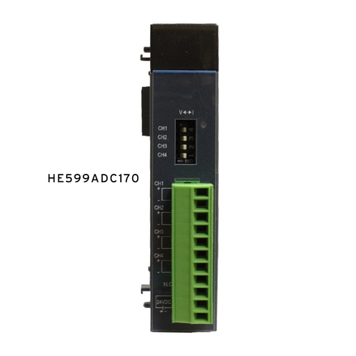 [HE599ADC170] SmartRail, 4 channel Analog Inputs, 12-bit.  Selectable channel-by-channel for 0-20mA, 4-20mA, 0-10V.  For spring-clamp terminals, add HE599TRM011