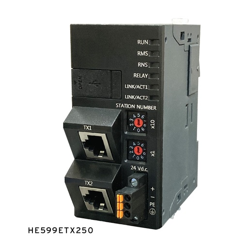 [HE599ETX250] SmartRail Ethernet I/O Base with Modbus TCP and Ethernet/IP support. Features built-in unmanaged switch. Supports up to 8 I/O modules drawing up to 1.5A @ 5VDC.  Supports up to 256 digital and 32 analog I/O per base.