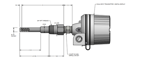 [RAF285L483-S4D0508-SC-8HN36T82-D10-33-85-85-B-U-S(0-100)C,I] Dual RTD, Insertion 3.5", Temperature Range 0-100C, Transmitter Calibration (5 Point), MTR Thermowell, Wake Frequency