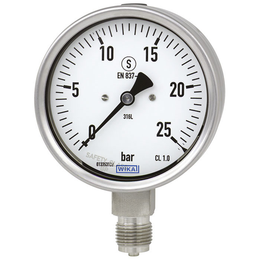 Wika 23x.30 Series 2.5" SS Solid-Front Safety Case Pressure Gauge, Dry/Fillable, SS Wetted Parts