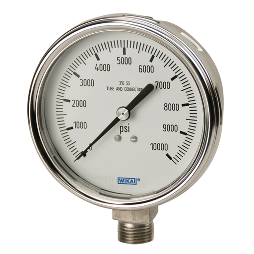 Wika 233.54 Series 4" SS Pressure Gauge, Liquid Filled, SS Wetted Parts, Removable Ring