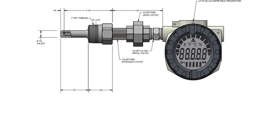 [RAF185L483-S4E03(1/2)08-SC-8PU435T142A-D-385D-S(0-300)F] Pyromation Spring-Loaded RTD, Single 3-Wire, 1/4" OD, 3.5" Thermowell (SS, 1 NPT), T142 Transmitter