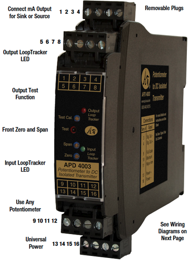 [APD4003D] APD 4003 Series Potentiometer Input to DC Transmitter, Isolated, Factory Ranged, DIN Rail Mount, 10-30 VAC/VDC (Provide Output Range)