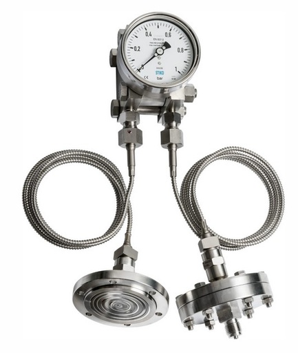 [76226857] Wika Type 733.14 - 4" Differential Pressure Gauge - Stainless Steel, 0-10 PSID, Assembled to L990.40 Stainless Steel Diaphragm Seals with 15' Capillaries, 3/4" NPT Male Process Connections, Media Temp MAX 482°F