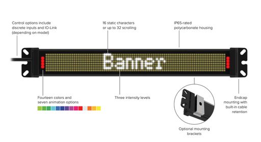 [817046] SD50 Status Display with 15 State Discrete; 8 x 96 pixels. White Display LEDs; RGB Indicator LEDs. 300 mm length; Polycarbonate; 12-30 V dc. 150 mm (6 in) 5-pin M12 PVC Pigtail QD SD50P300WD15QP