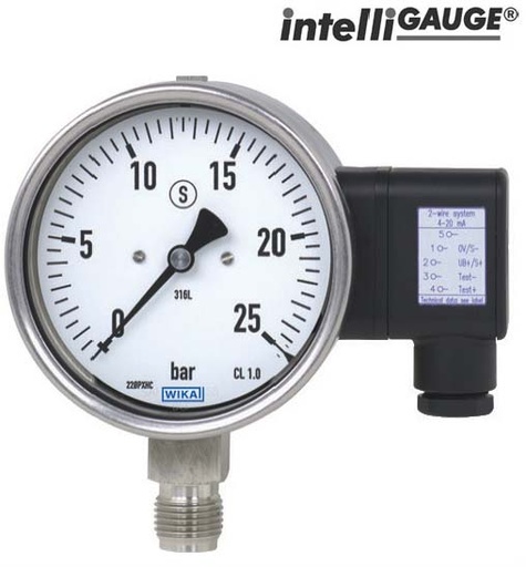 [76230475] Wika PGT23 Series Pressure Transmitter with Analog Display, 4" Dial, Silicone Filled Case, 1/2" NPT Lower Mount, -30 inHg/+60 PSI Range, 4-20mA Output