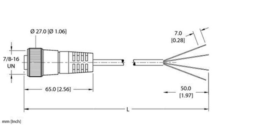 [UX01434] Turck Actuator and Sensor Cordset, Connection Cable (RKM 46-10M/S618), 7/8" Minifast, 10M Length, Cordset with Drain Wire and Foil Shield, Drain Wire is not Connected