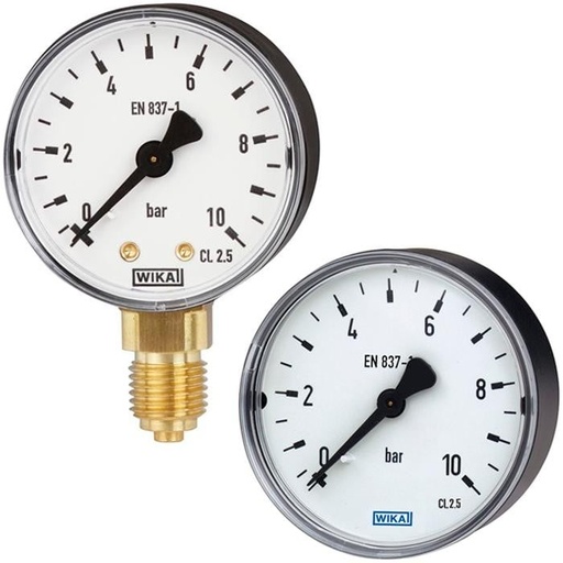 [76232992] Wika 111.10 Series Brass Dry Pressure Gauge, 4" Dial, Black Plastic Case, 0-10 Bar/PSI, G 1/2 B Brass Lower Mount