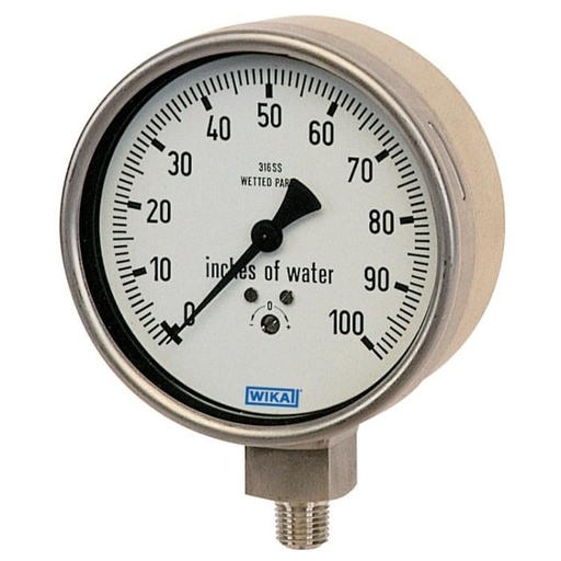 [52830712] Wika 632.50 Series Dry Capsule Pressure Gauge, 2.5" Dial, -15 to 15 inWC, 1/4 NPT SS Lower Mount