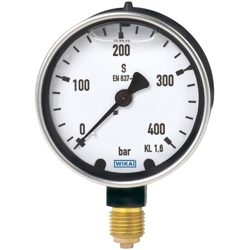 [9455914] Wika 213.40 2.5"  3000 psi  2nd scale kPa  1/4 NPT lower mount   Forged Brass, Gold Painted  Bezel ring: Gold Plated ABS Ring  +/- 2/1/2% (ASME B40.100 Grade A)  Case filling: Glycerin  single packing  Pressure Gauge Standard: US-Standard  stop-pin at zero  2nd scale red