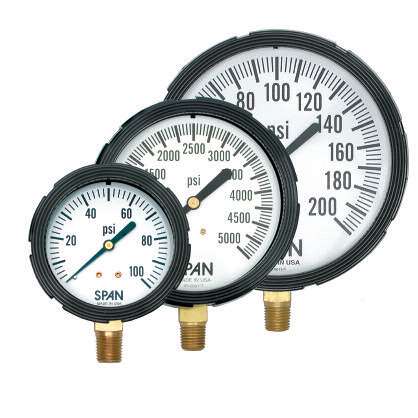 [LFS310-30"HG-CLASS1-QC-G-CERT] Span Liquid Filled Industrial Gauge, 3.5" Dial, 1/4" NPT Bottom Mount, 0-30 inHg vac Range, Glycerin Filled, Back Mount Studs for Panel Mounting, Class 1 Logo, w/ Certs
