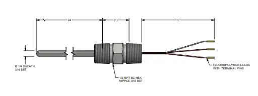 [R1T185H483-024-SC-8HN22] 3 Wire RTD Replacement Probe, 24inch with Spring Loaded Element 1/2"NPT x 1/2"NPT Fitting
