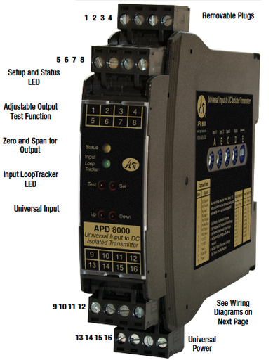 [APD8000-NI120] APD 8000 Series Universal Input to DC Isolated Transmitter, Field Configurable, DIN Rail Mount , 120ohm nickel, 0-300 DEG F Output: 4-20mA 85-265 VAC/VDC