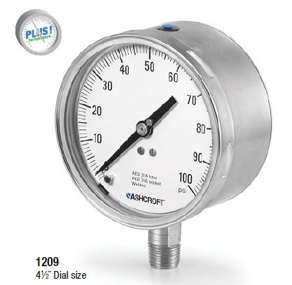 [45-1209SL-04L-250#-XC4] 1209 Series Pressure Gauge, 4.5" Dial, SS Liquid Filled Case, 1/2" NPT Stainless Steel Lower Mount, 0-250#, NIST Certs