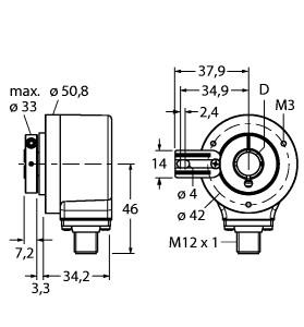 [1545565] Turck Incremental Encoder, Industrial Line (RI-12HA3T-CA5-H1181), 5 PPR, Hollow Shaft, 1/2" Bore Size Flange With Torque Stop, 5-30VDC, Open Collector, Radial 8-Pin, M12 Eurofast Connector 