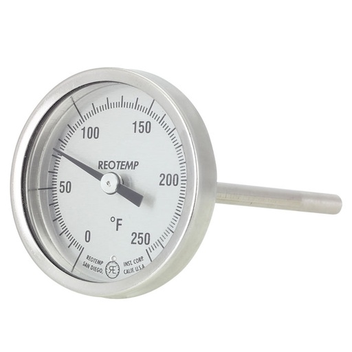 [HH0254F67] Reotemp Bimetal Dial Thermometer, 2-3/8" Dial, Back Connect, 2.5" Stem, 1/4" NPT, 50/500°F 