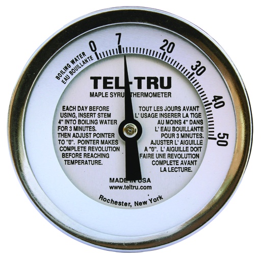 [341A12ERAILAXAA] Tel-Tru 3" Dial Thermometer, Back Connected, 0/50 Maple Syrup, 1/4" NPT, 12" Stem